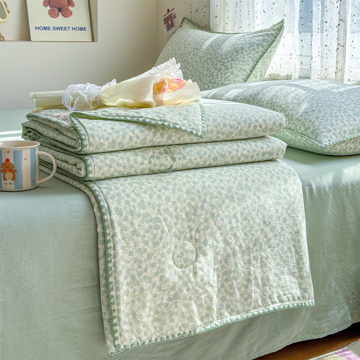 91家纺网 家纺一手货源 找家纺 （总）被窝家纺 2026春夏新款贝壳边全棉双层纱大豆夏凉被空调被夏被四件套