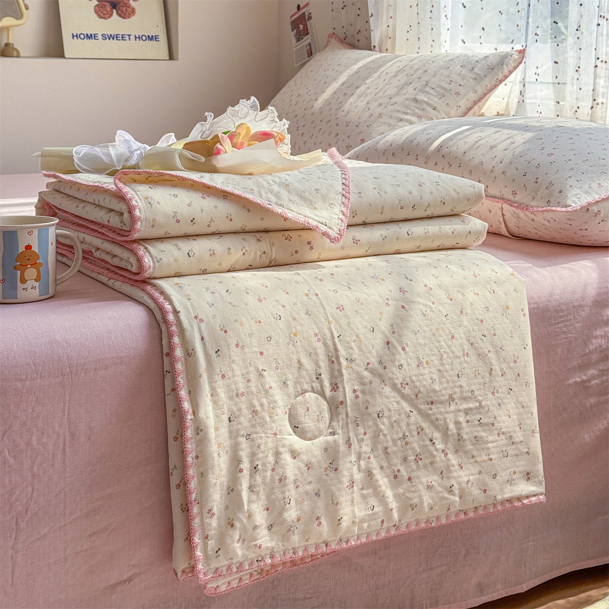 91家纺网 家纺一手货源 找家纺 （总）被窝家纺 2026春夏新款贝壳边全棉双层纱大豆夏凉被空调被夏被四件套