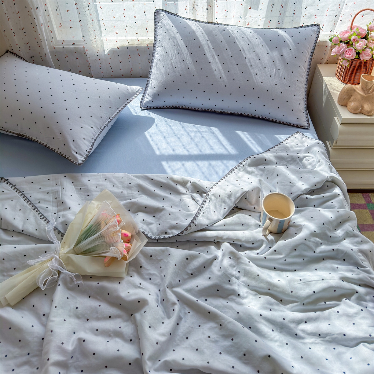 91家纺网 家纺一手货源 找家纺 （总）被窝家纺 2026春夏新款贝壳边全棉双层纱大豆夏凉被空调被夏被四件套