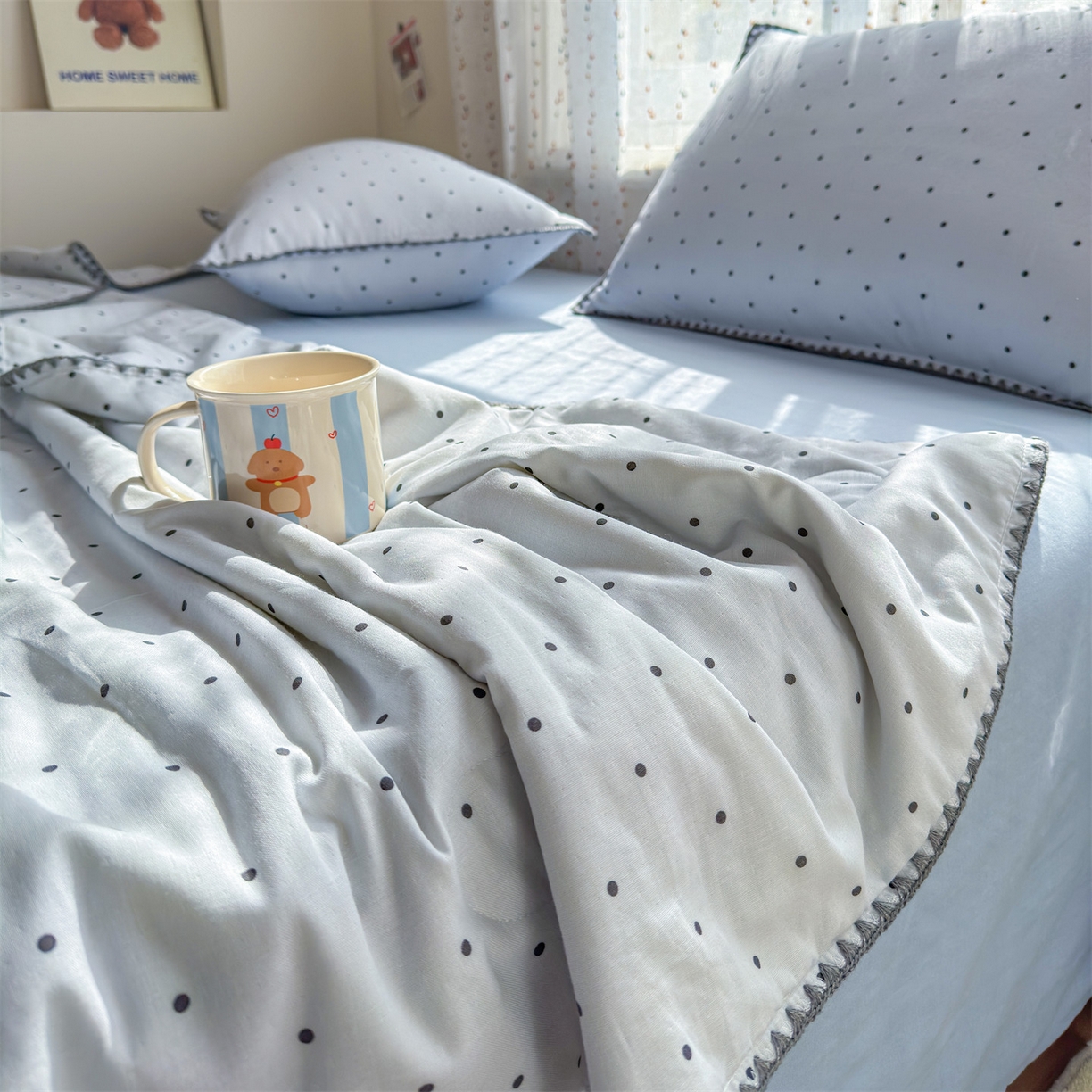 91家纺网 家纺一手货源 找家纺 （总）被窝家纺 2026春夏新款贝壳边全棉双层纱大豆夏凉被空调被夏被四件套