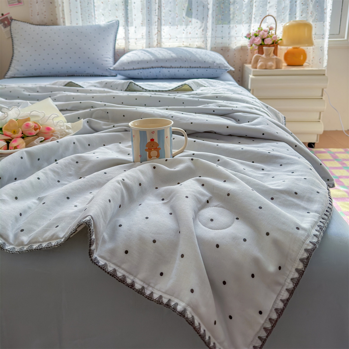 91家纺网 家纺一手货源 找家纺 （总）被窝家纺 2026春夏新款贝壳边全棉双层纱大豆夏凉被空调被夏被四件套