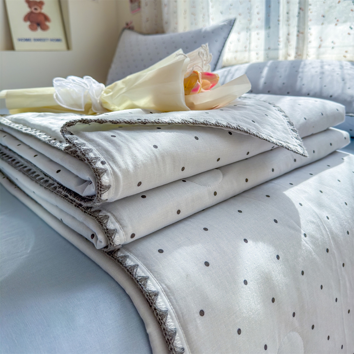 91家纺网 家纺一手货源 找家纺 （总）被窝家纺 2026春夏新款贝壳边全棉双层纱大豆夏凉被空调被夏被四件套