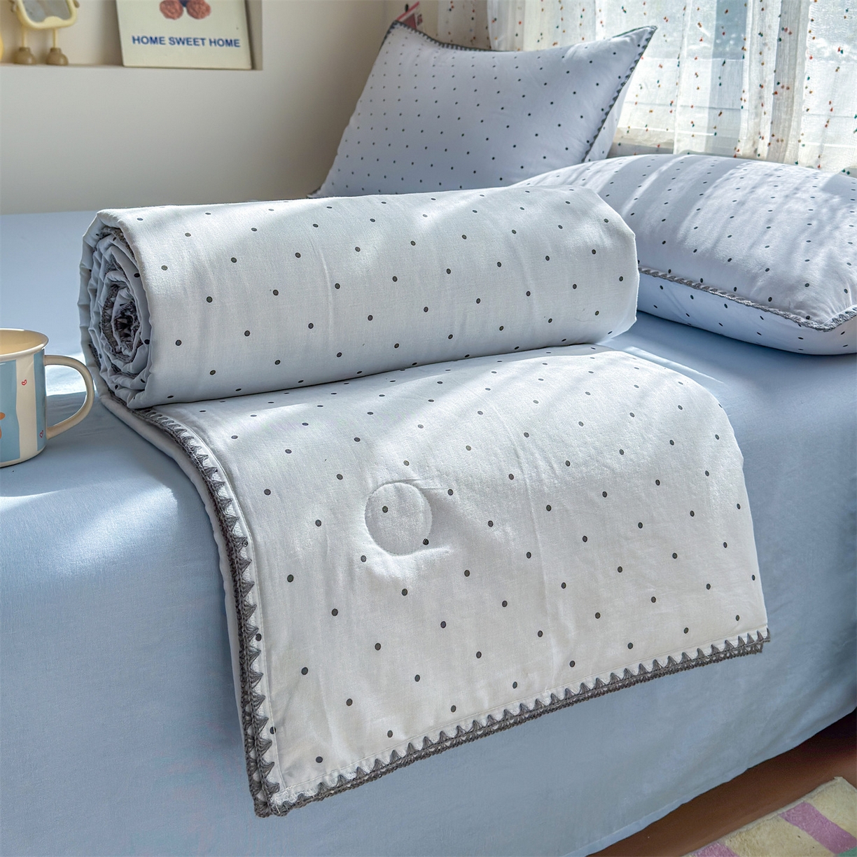 91家纺网 家纺一手货源 找家纺 （总）被窝家纺 2026春夏新款贝壳边全棉双层纱大豆夏凉被空调被夏被四件套