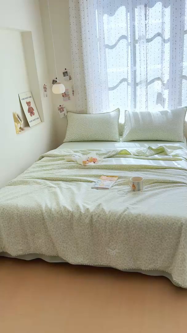 91家纺网 家纺一手货源 找家纺 被窝家纺 2026春夏新款贝壳边全棉双层纱大豆夏凉被空调被夏被四件套 柠檬花