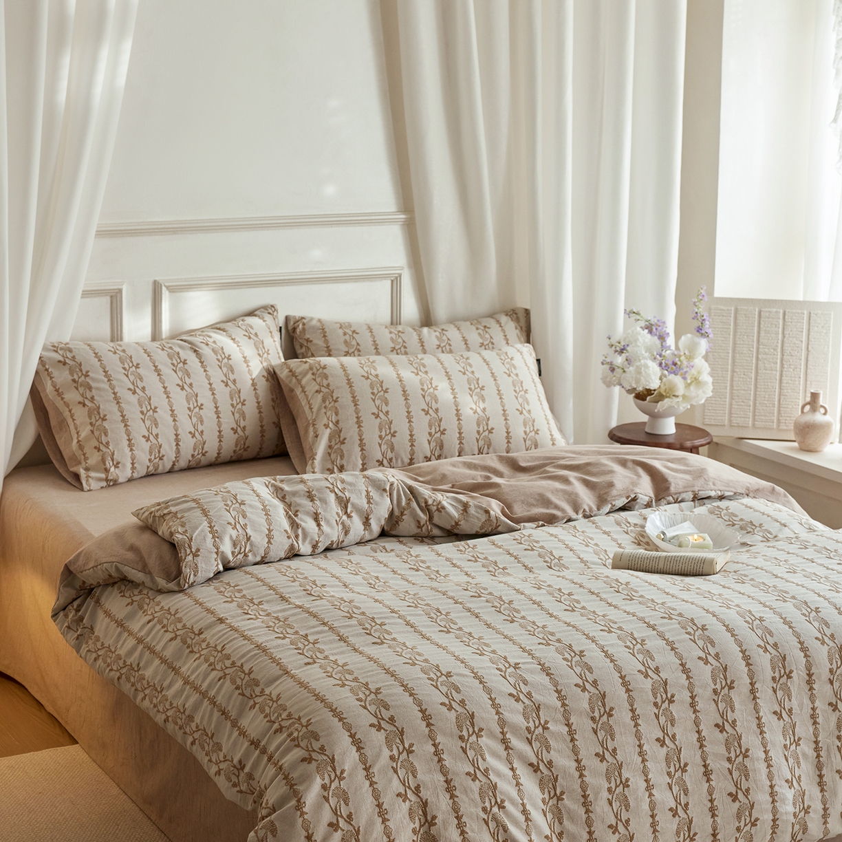 91家纺网 家纺一手货源 找家纺 （总）沐珩家纺 2026新款40s精梳厚织提花麻感水洗全棉四件套（风格二）