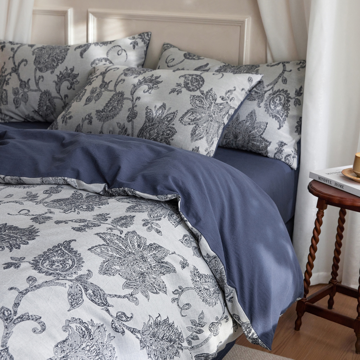 91家纺网 家纺一手货源 找家纺 沐珩家纺 2026新款40s精梳厚织提花麻感水洗全棉四件套（风格二） 奈予-藏麻