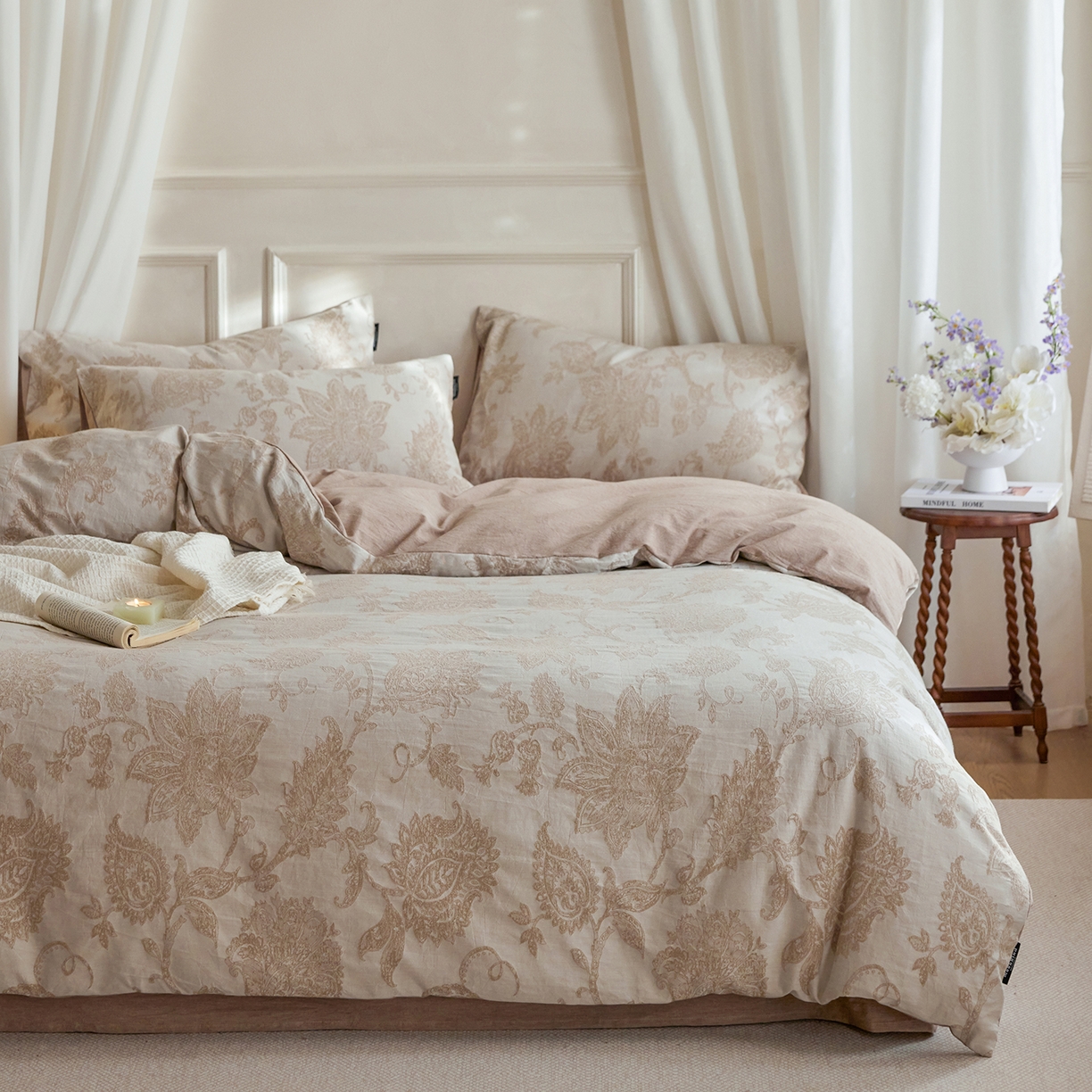 91家纺网 家纺一手货源 找家纺 沐珩家纺 2026新款40s精梳厚织提花麻感水洗全棉四件套（风格二） 奈予-驼麻