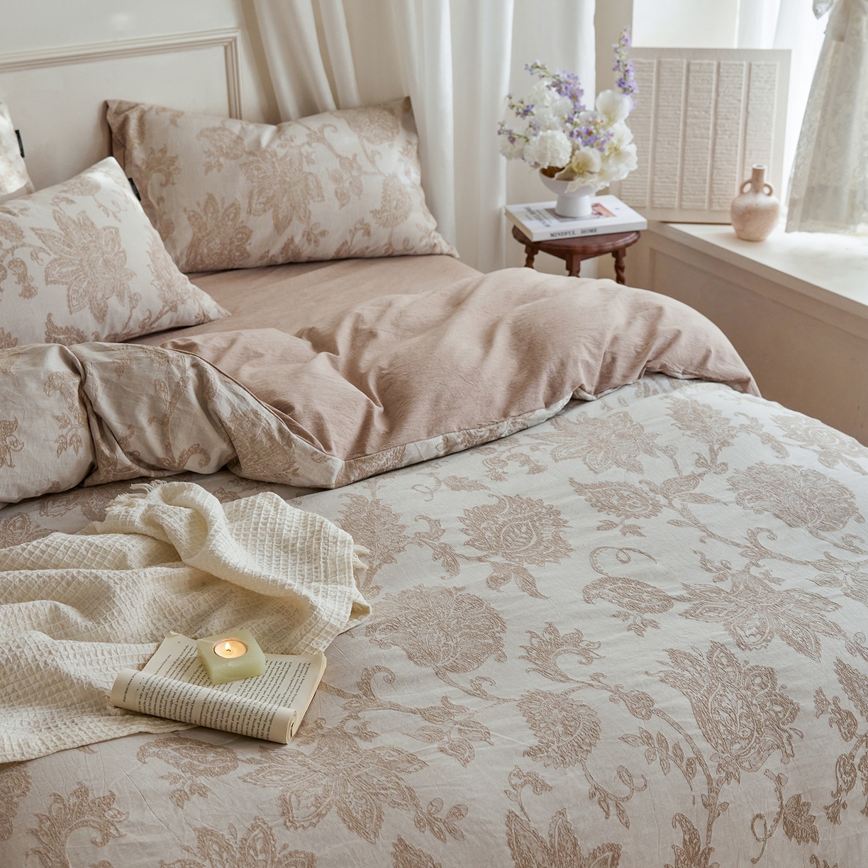 91家纺网 家纺一手货源 找家纺 沐珩家纺 2026新款40s精梳厚织提花麻感水洗全棉四件套（风格二） 奈予-驼麻