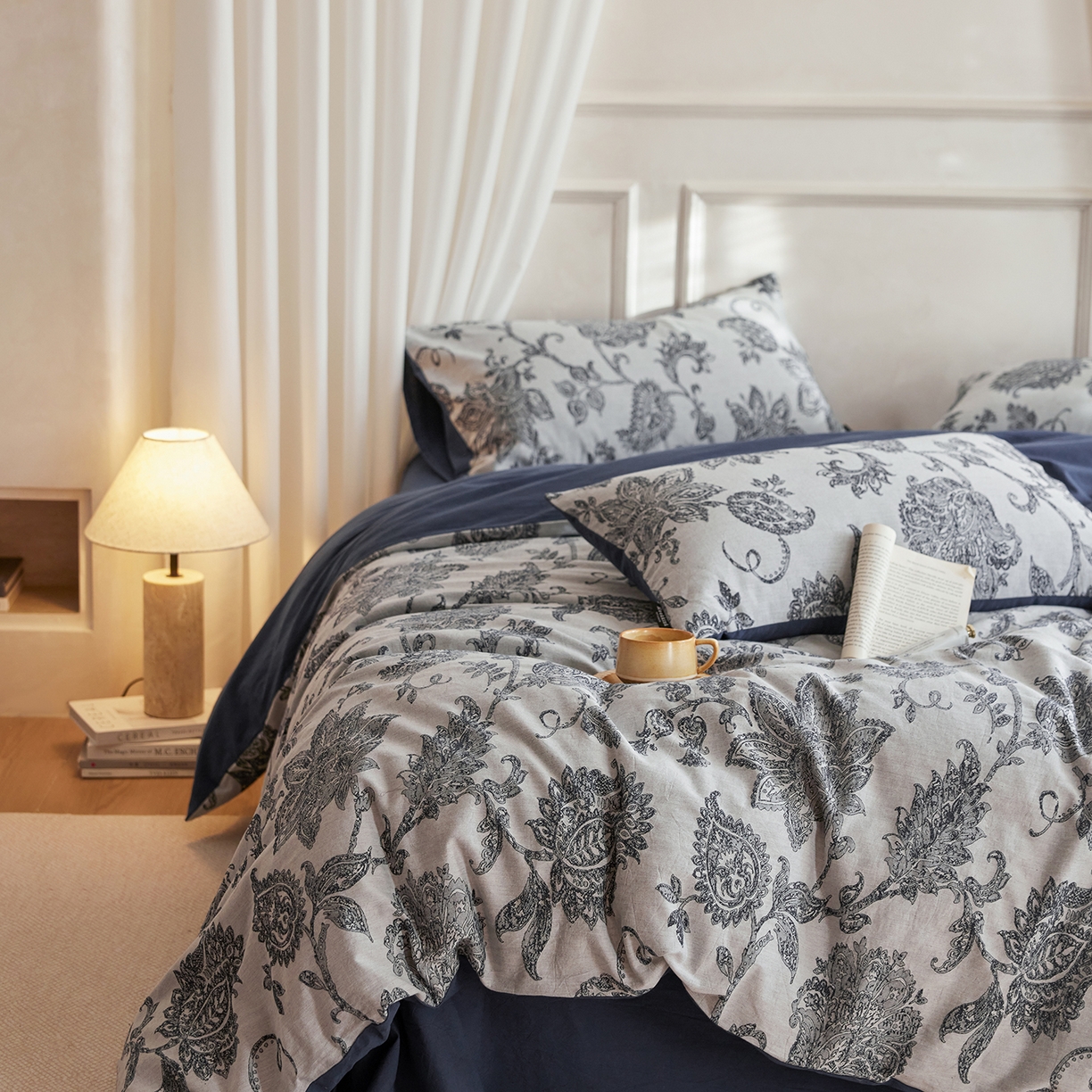 91家纺网 家纺一手货源 找家纺 沐珩家纺 2026新款40s精梳厚织提花麻感水洗全棉四件套（风格二） 奈予-藏麻