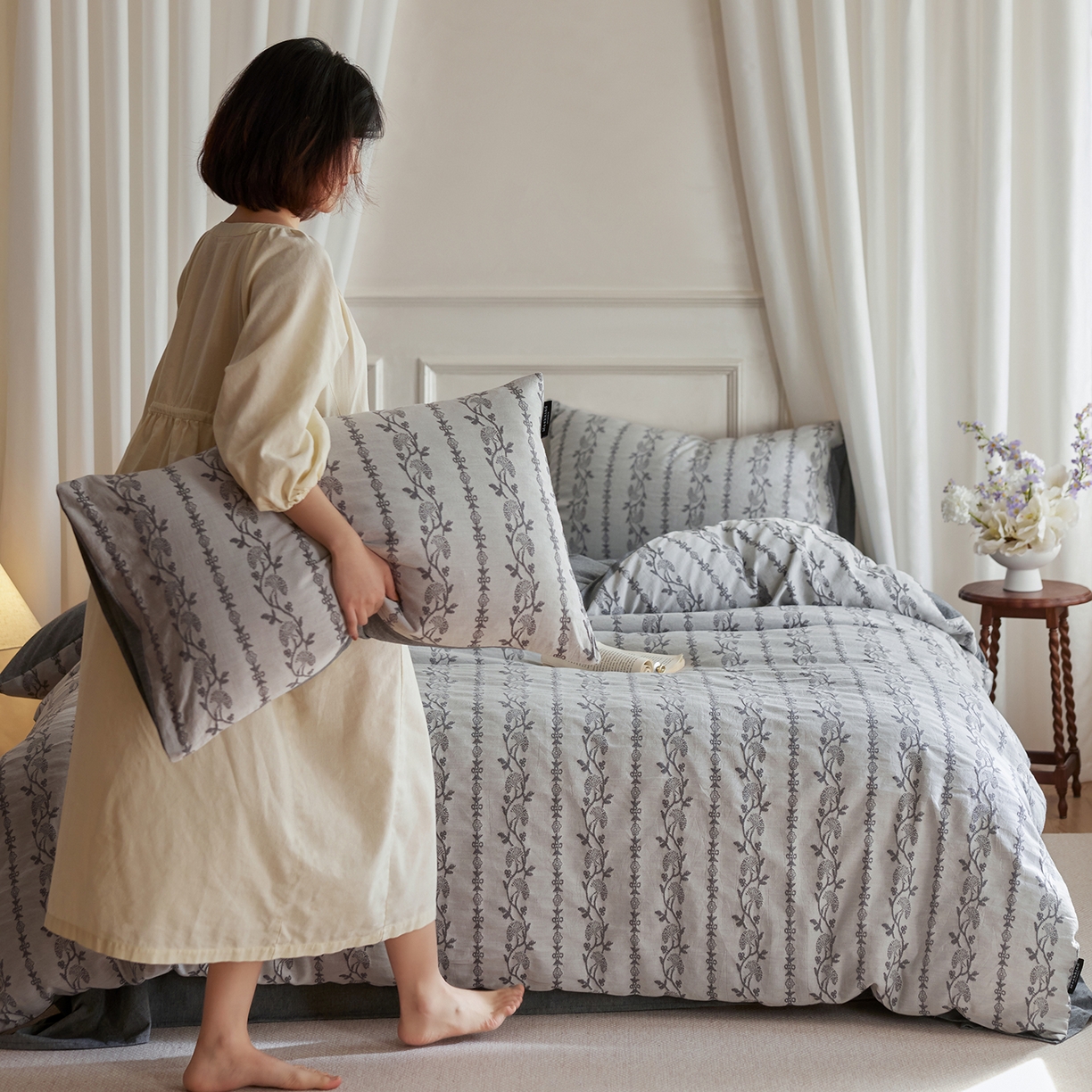 91家纺网 家纺一手货源 找家纺 沐珩家纺 2026新款40s精梳厚织提花麻感水洗全棉四件套（风格二） 茉白-麻蓝