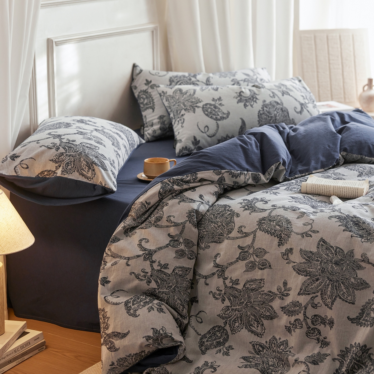 91家纺网 家纺一手货源 找家纺 沐珩家纺 2026新款40s精梳厚织提花麻感水洗全棉四件套（风格二） 奈予-藏麻