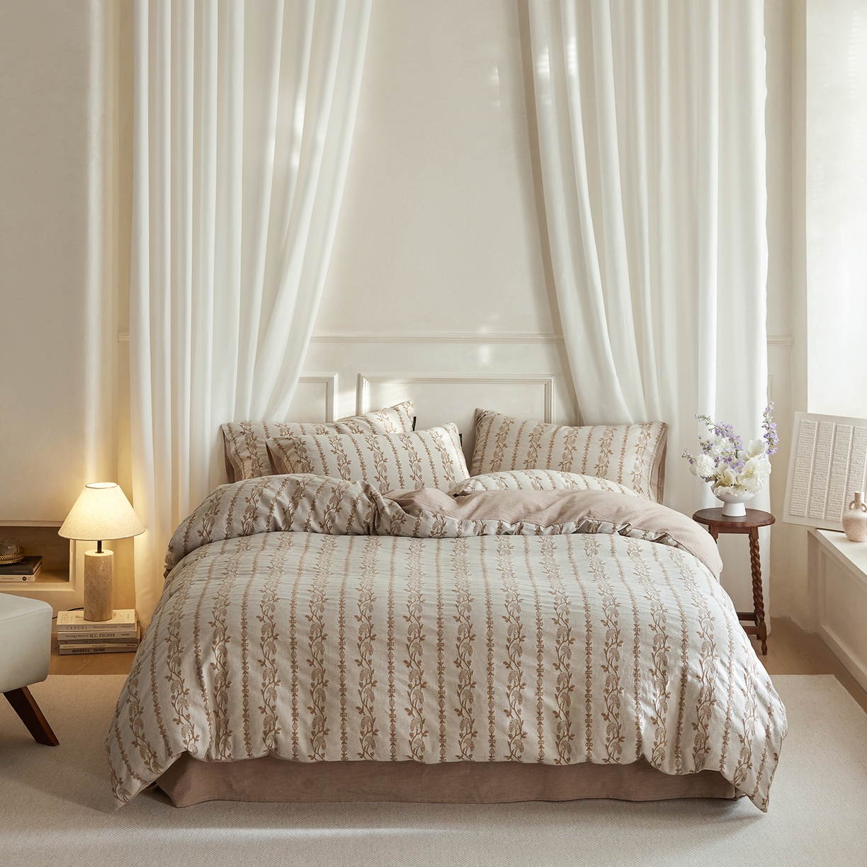 沐珩家纺 2026新款40s精梳厚织提花麻感水洗全棉四件套（风格二） 茉白-麻咖