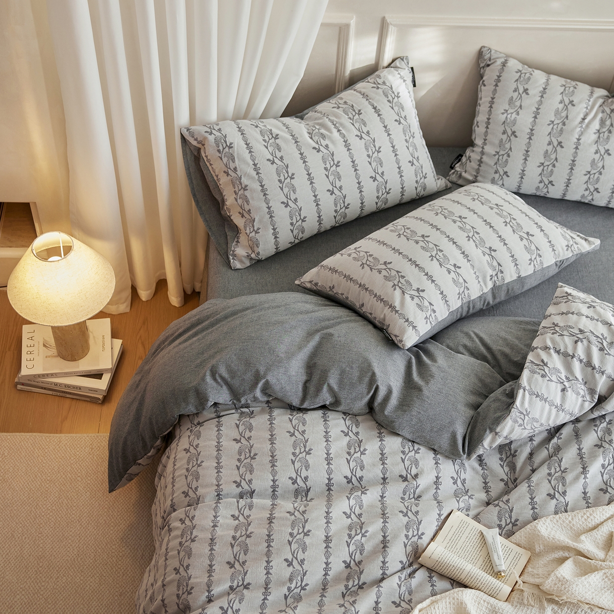 91家纺网 家纺一手货源 找家纺 沐珩家纺 2026新款40s精梳厚织提花麻感水洗全棉四件套（风格二） 茉白-麻蓝