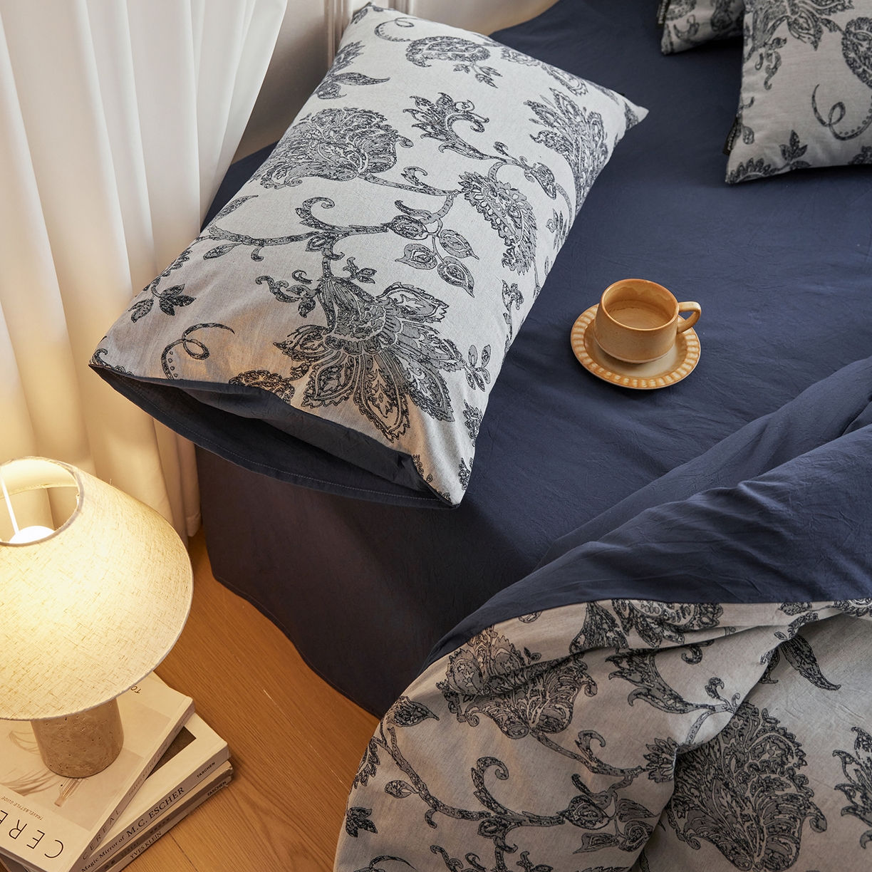 91家纺网 家纺一手货源 找家纺 沐珩家纺 2026新款40s精梳厚织提花麻感水洗全棉四件套（风格二） 奈予-藏麻