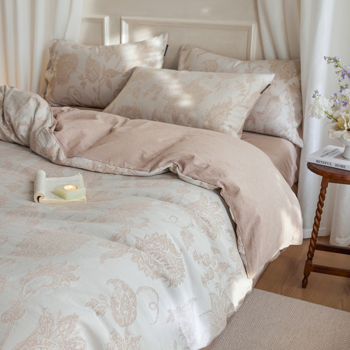 91家纺网 家纺一手货源 找家纺 沐珩家纺 2026新款40s精梳厚织提花麻感水洗全棉四件套（风格二） 奈予-驼麻