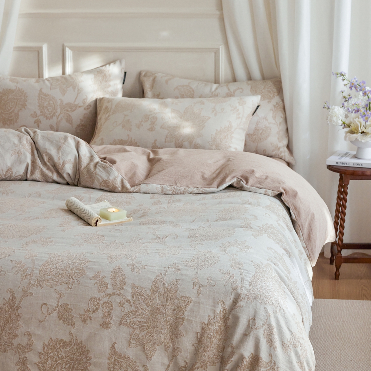 91家纺网 家纺一手货源 找家纺 沐珩家纺 2026新款40s精梳厚织提花麻感水洗全棉四件套（风格二） 奈予-驼麻