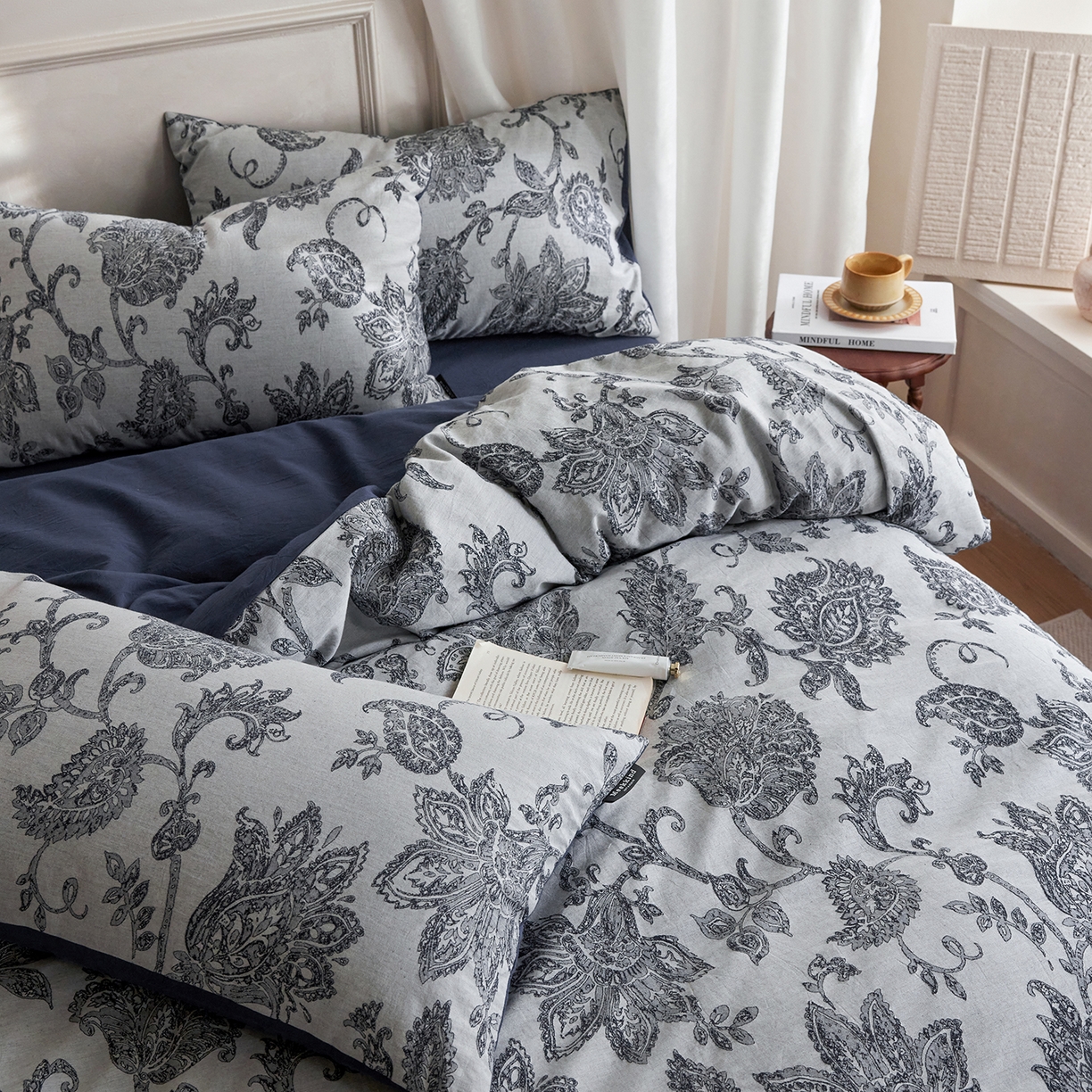 91家纺网 家纺一手货源 找家纺 沐珩家纺 2026新款40s精梳厚织提花麻感水洗全棉四件套（风格二） 奈予-藏麻