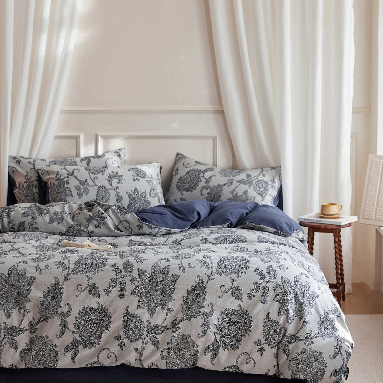 91家纺网 家纺一手货源 找家纺 沐珩家纺 2026新款40s精梳厚织提花麻感水洗全棉四件套（风格二） 奈予-藏麻