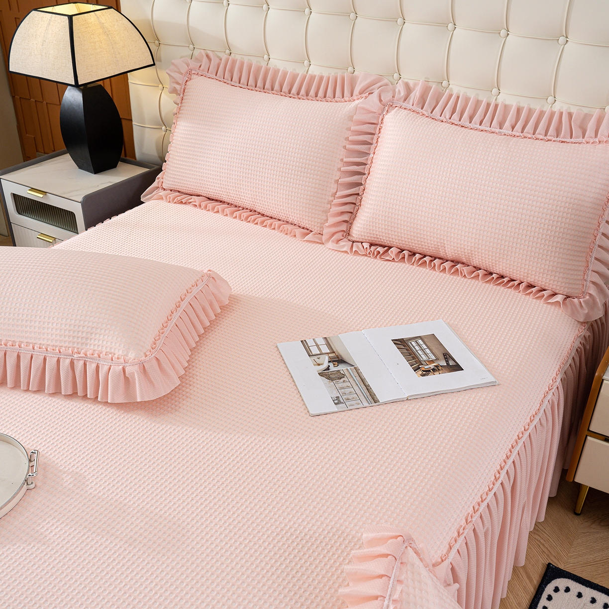 91家纺网 家纺一手货源 找家纺 欣宜家纺 2026新款PE乙纶凉感冰豆豆凉席席子三件套 粉色