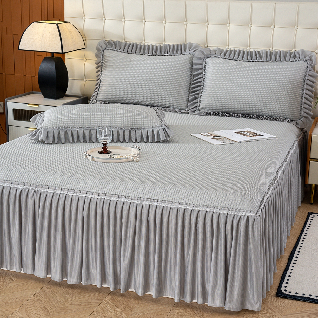 91家纺网 家纺一手货源 找家纺 欣宜家纺 2026新款PE乙纶凉感冰豆豆凉席席子三件套 灰色