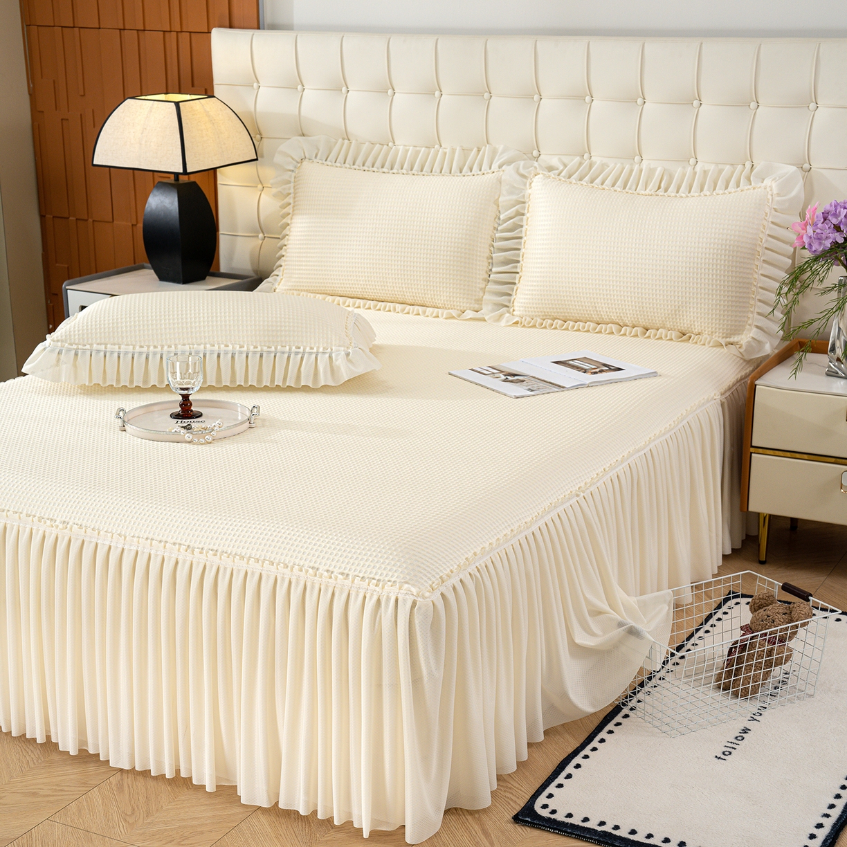 91家纺网 家纺一手货源 找家纺 欣宜家纺 2026新款PE乙纶凉感冰豆豆凉席席子三件套 米白色