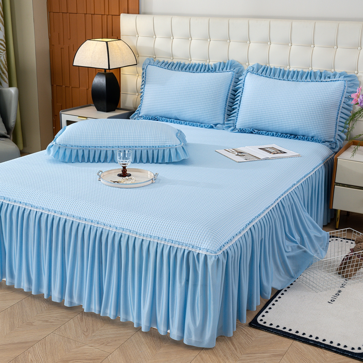 91家纺网 家纺一手货源 找家纺 欣宜家纺 2026新款PE乙纶凉感冰豆豆凉席席子三件套 蓝色