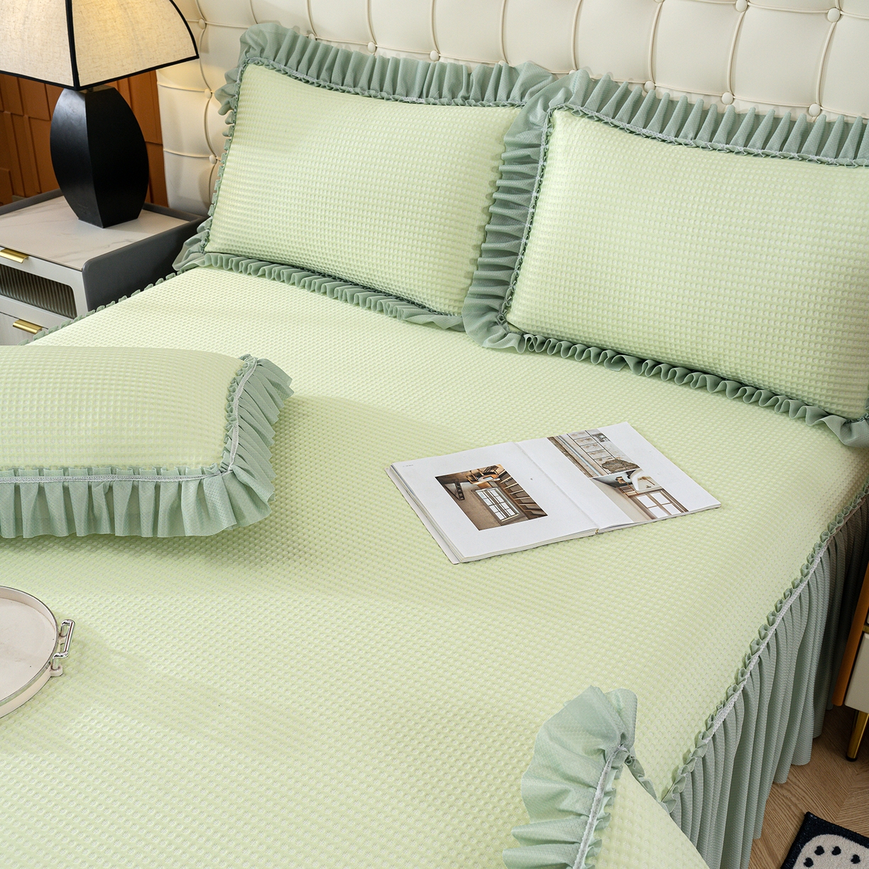 91家纺网 家纺一手货源 找家纺 欣宜家纺 2026新款PE乙纶凉感冰豆豆凉席席子三件套 绿色