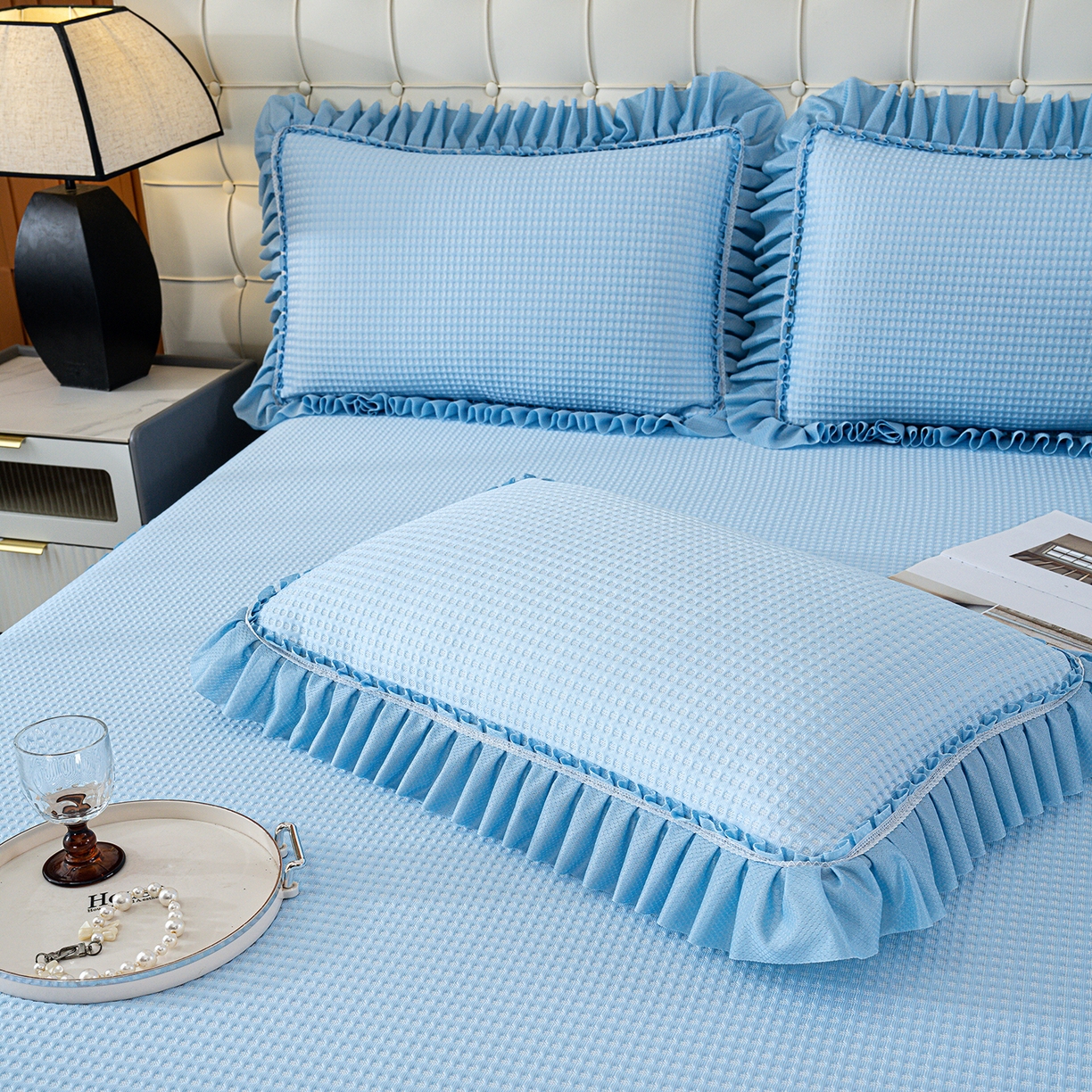 91家纺网 家纺一手货源 找家纺 欣宜家纺 2026新款PE乙纶凉感冰豆豆凉席席子三件套 蓝色