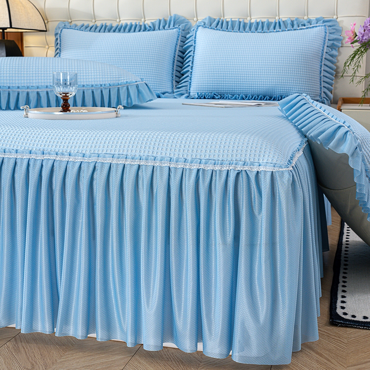 91家纺网 家纺一手货源 找家纺 欣宜家纺 2026新款PE乙纶凉感冰豆豆凉席席子三件套 蓝色