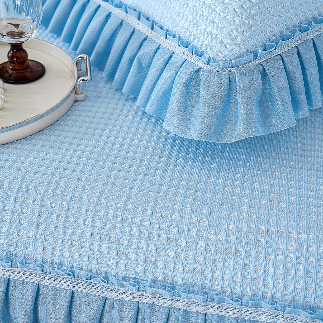 91家纺网 家纺一手货源 找家纺 欣宜家纺 2026新款PE乙纶凉感冰豆豆凉席席子三件套 蓝色