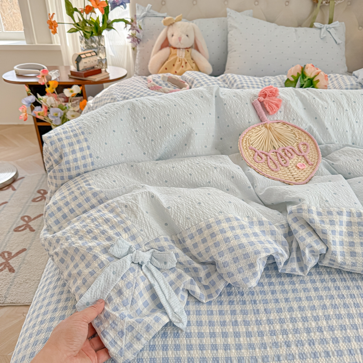 91家纺网 家纺一手货源 找家纺 （总）子钦家纺 2026春夏新款提花泡芙棉蝴蝶结拼角工艺床单床笠四件套-缪斯之恋