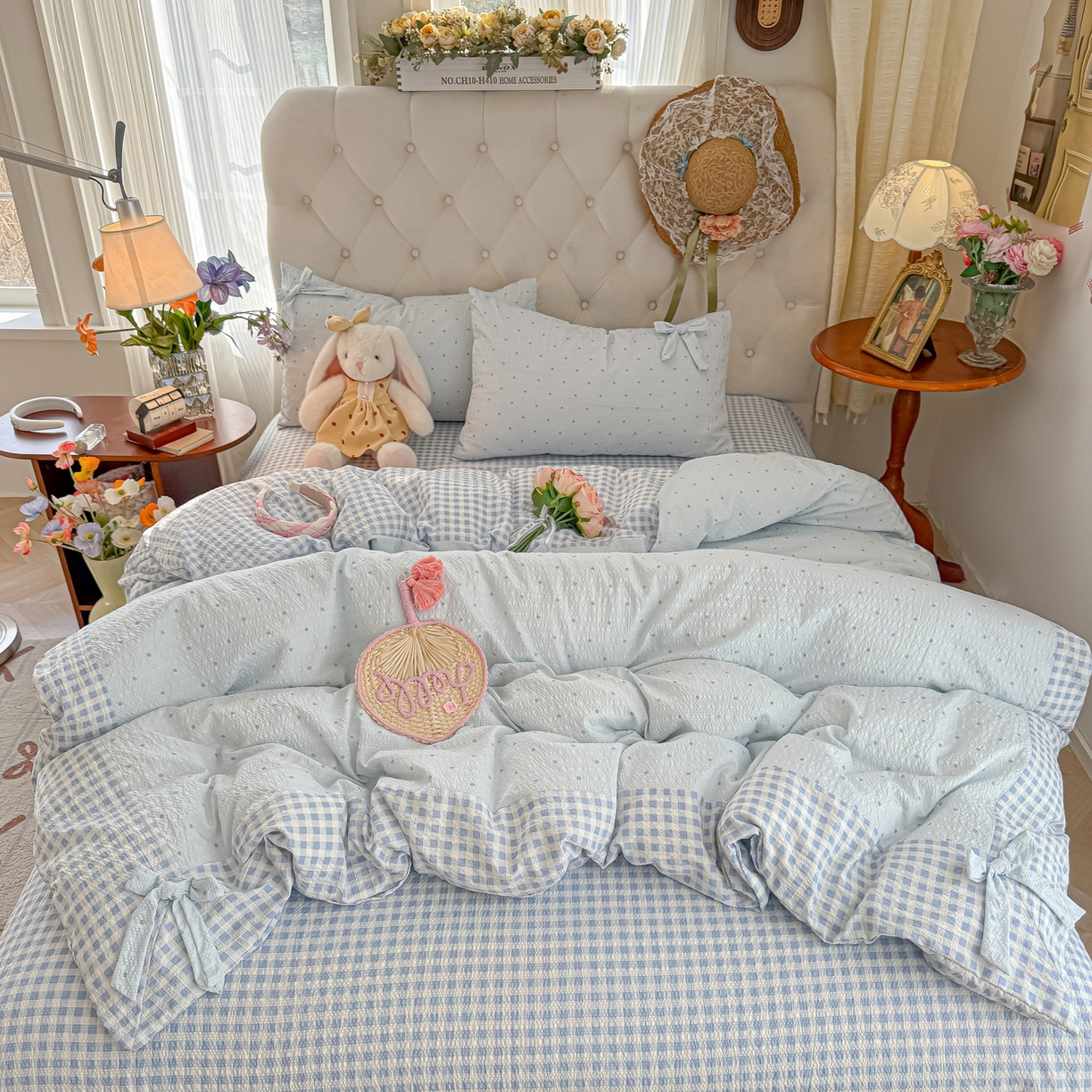 91家纺网 家纺一手货源 找家纺 （总）子钦家纺 2026春夏新款提花泡芙棉蝴蝶结拼角工艺床单床笠四件套-缪斯之恋