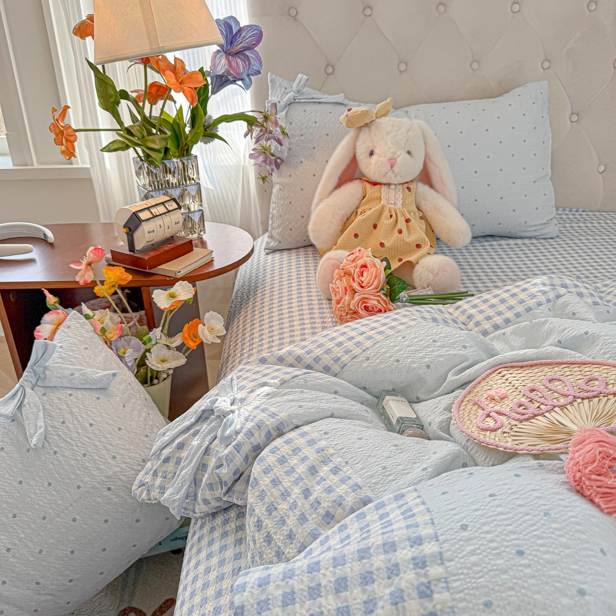 91家纺网 家纺一手货源 找家纺 （总）子钦家纺 2026春夏新款提花泡芙棉蝴蝶结拼角工艺床单床笠四件套-缪斯之恋