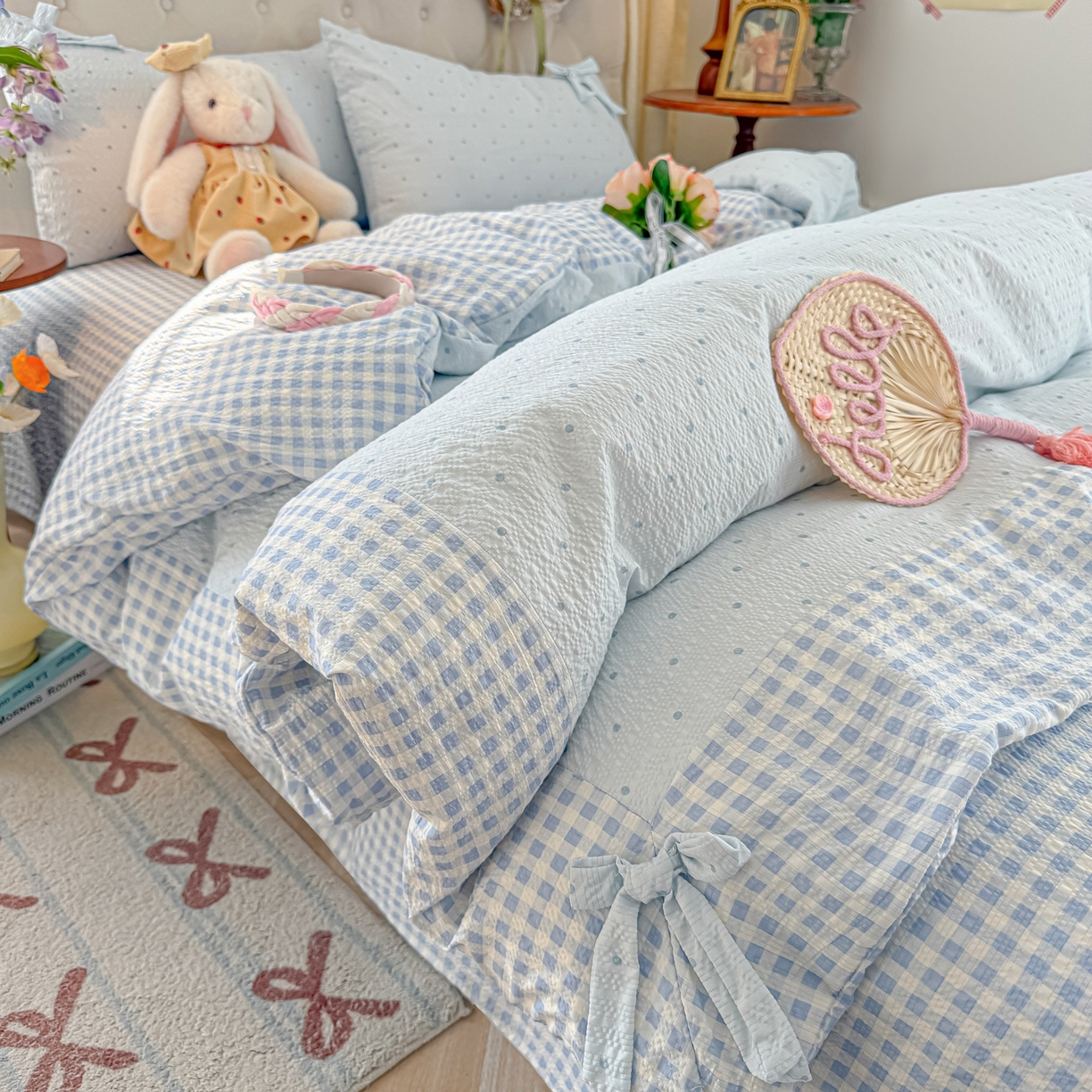 91家纺网 家纺一手货源 找家纺 （总）子钦家纺 2026春夏新款提花泡芙棉蝴蝶结拼角工艺床单床笠四件套-缪斯之恋