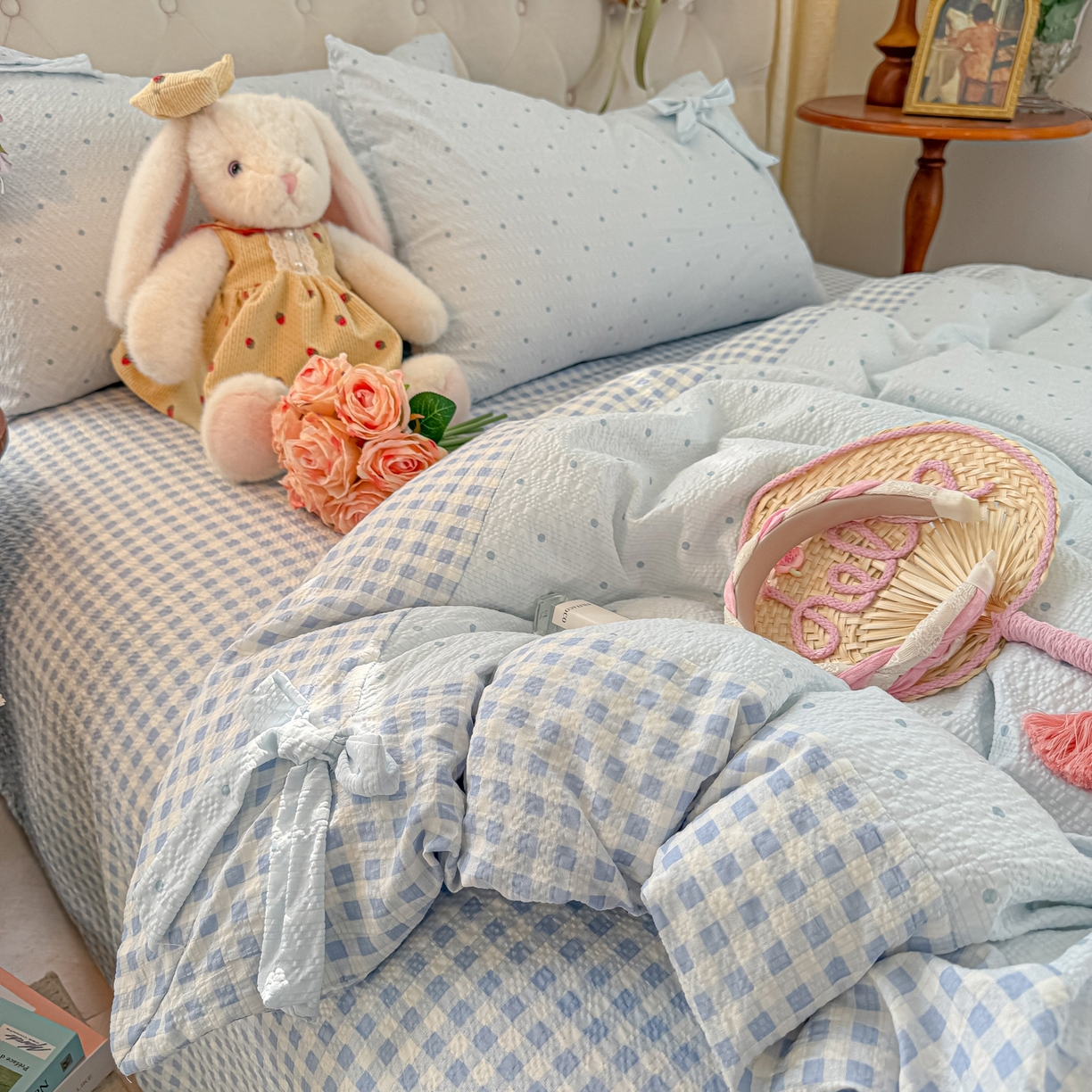 91家纺网 家纺一手货源 找家纺 子钦家纺 2026春夏新款提花泡芙棉蝴蝶结拼角工艺床单床笠四件套-缪斯之恋 缪斯之恋-海盐蓝
