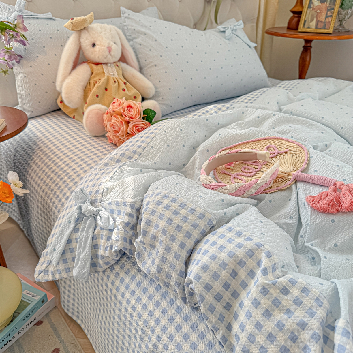 91家纺网 家纺一手货源 找家纺 （总）子钦家纺 2026春夏新款提花泡芙棉蝴蝶结拼角工艺床单床笠四件套-缪斯之恋