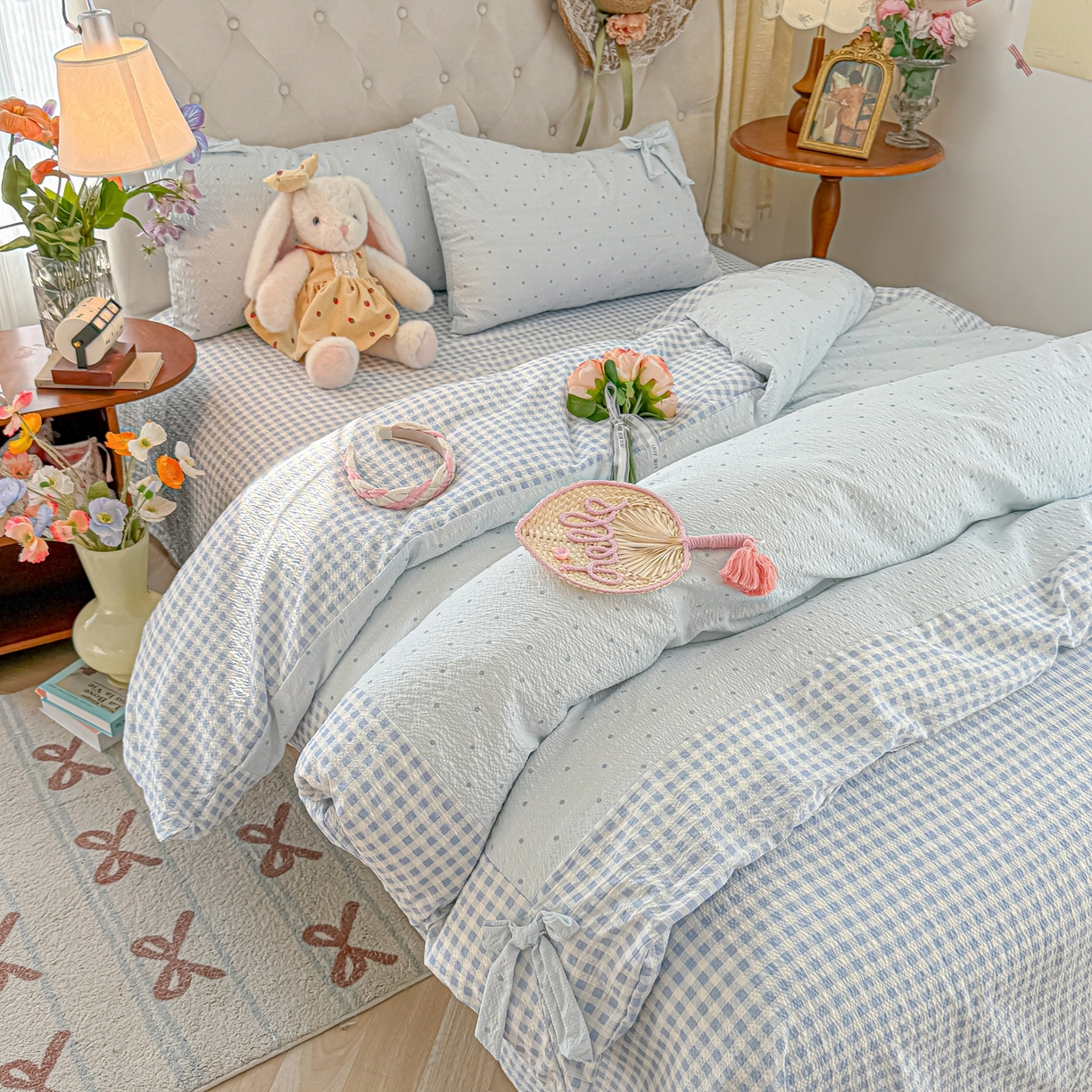 91家纺网 家纺一手货源 找家纺 （总）子钦家纺 2026春夏新款提花泡芙棉蝴蝶结拼角工艺床单床笠四件套-缪斯之恋