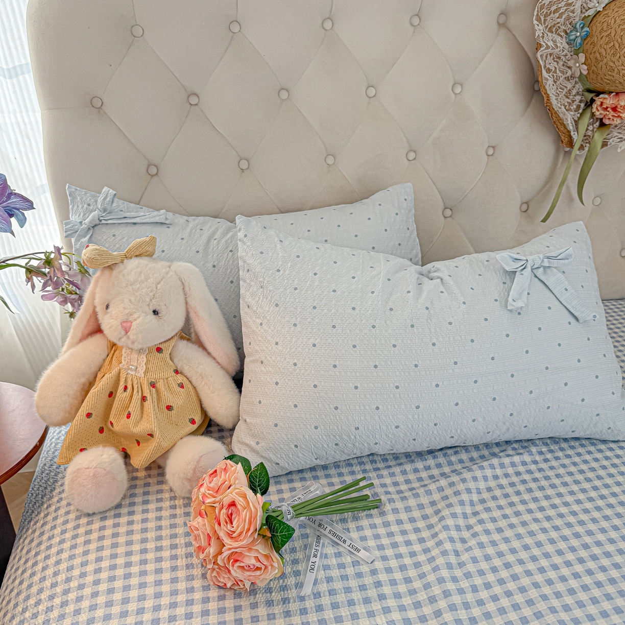 91家纺网 家纺一手货源 找家纺 子钦家纺 2026春夏新款提花泡芙棉蝴蝶结拼角工艺床单床笠四件套-缪斯之恋 缪斯之恋-海盐蓝