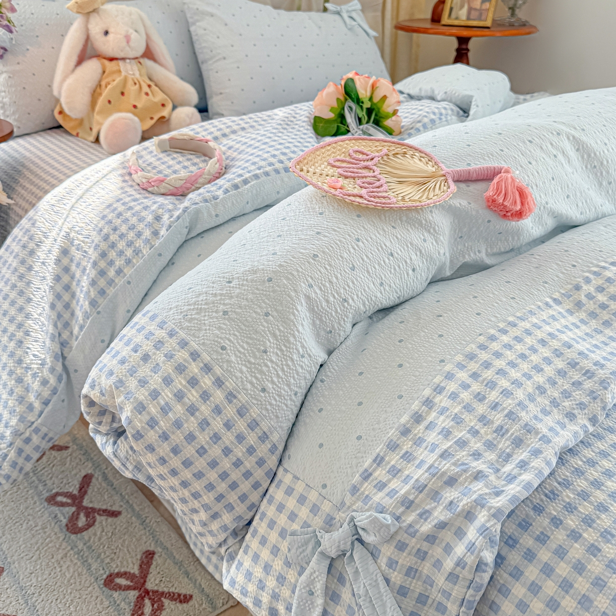 91家纺网 家纺一手货源 找家纺 子钦家纺 2026春夏新款提花泡芙棉蝴蝶结拼角工艺床单床笠四件套-缪斯之恋 缪斯之恋-海盐蓝