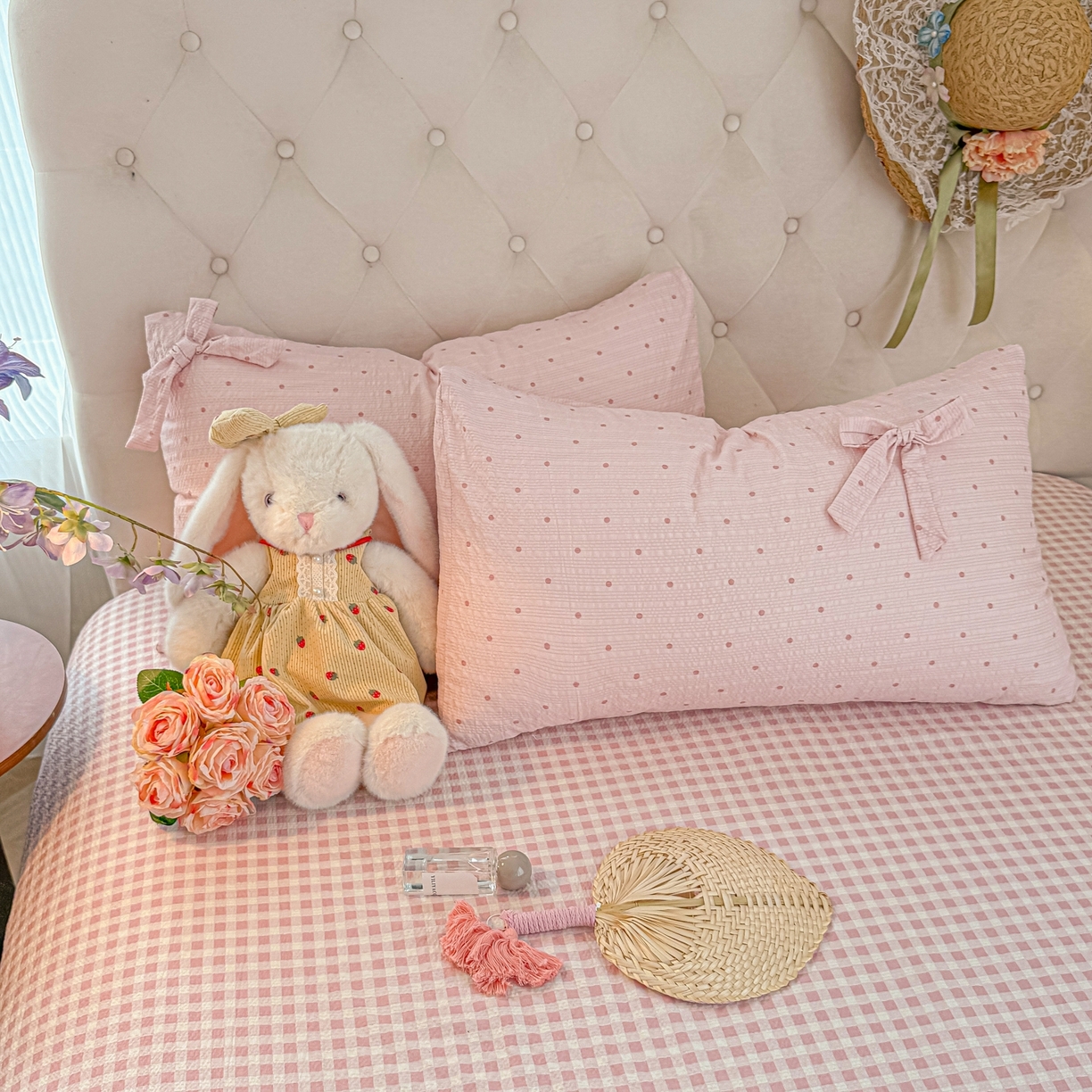 91家纺网 家纺一手货源 找家纺 子钦家纺 2026春夏新款提花泡芙棉蝴蝶结拼角工艺床单床笠四件套-缪斯之恋 缪斯之恋-奶粉波点