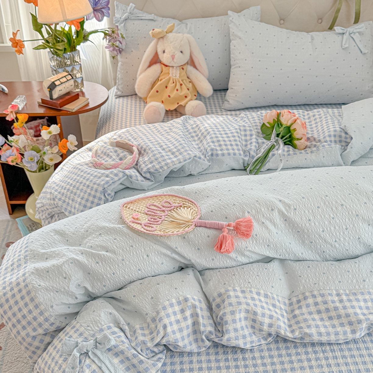 91家纺网 家纺一手货源 找家纺 子钦家纺 2026春夏新款提花泡芙棉蝴蝶结拼角工艺床单床笠四件套-缪斯之恋 缪斯之恋-海盐蓝