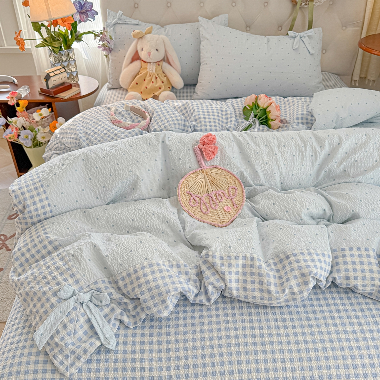 91家纺网 家纺一手货源 找家纺 （总）子钦家纺 2026春夏新款提花泡芙棉蝴蝶结拼角工艺床单床笠四件套-缪斯之恋