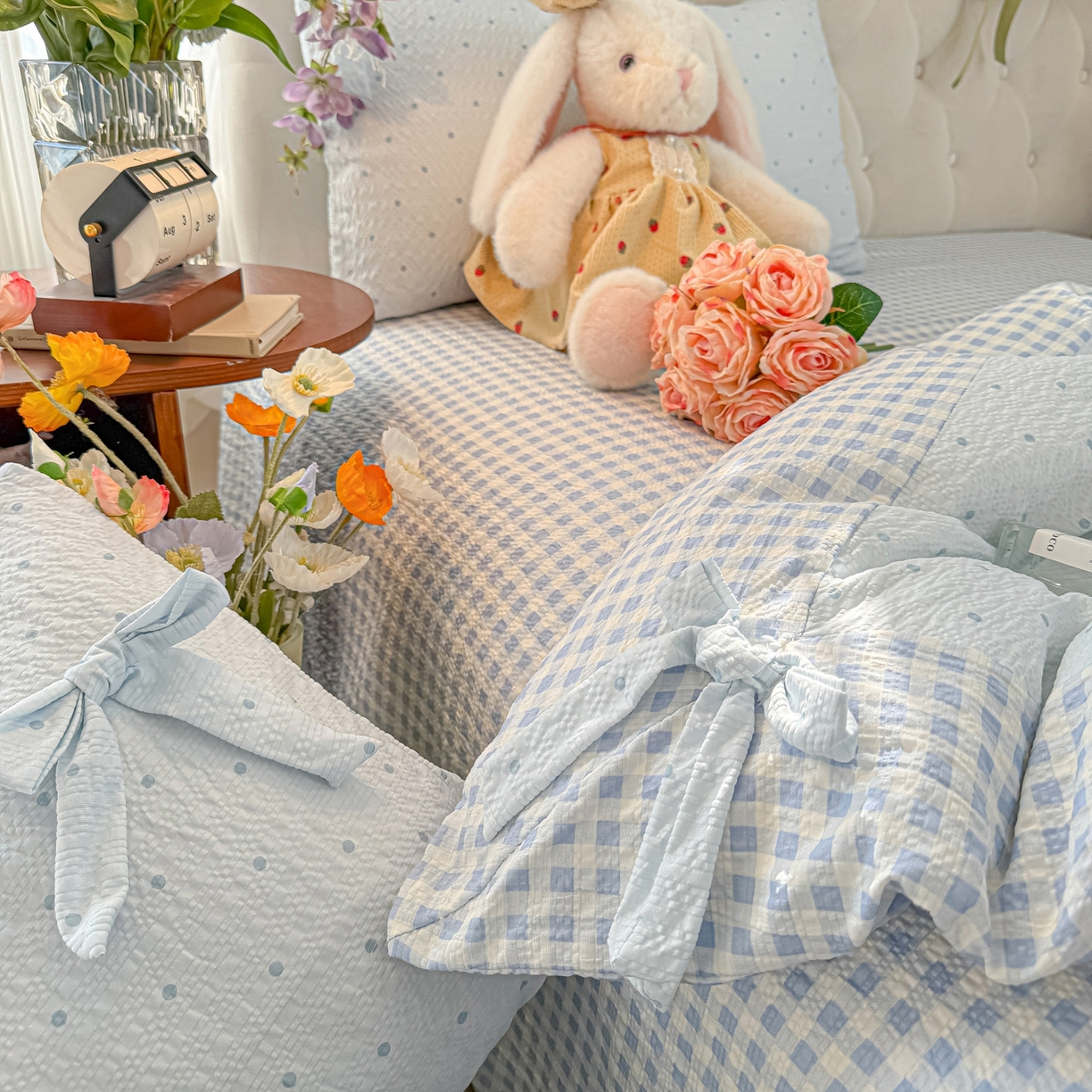 91家纺网 家纺一手货源 找家纺 （总）子钦家纺 2026春夏新款提花泡芙棉蝴蝶结拼角工艺床单床笠四件套-缪斯之恋