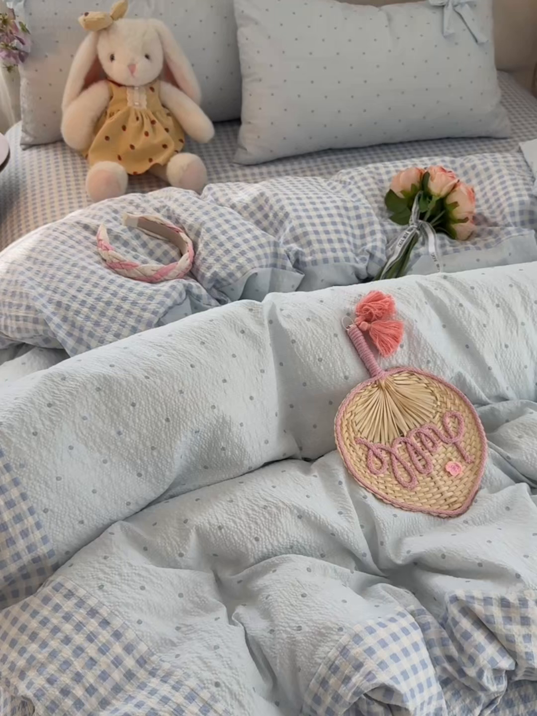 91家纺网 家纺一手货源 找家纺 子钦家纺 2026春夏新款提花泡芙棉蝴蝶结拼角工艺床单床笠四件套-缪斯之恋 缪斯之恋-海盐蓝