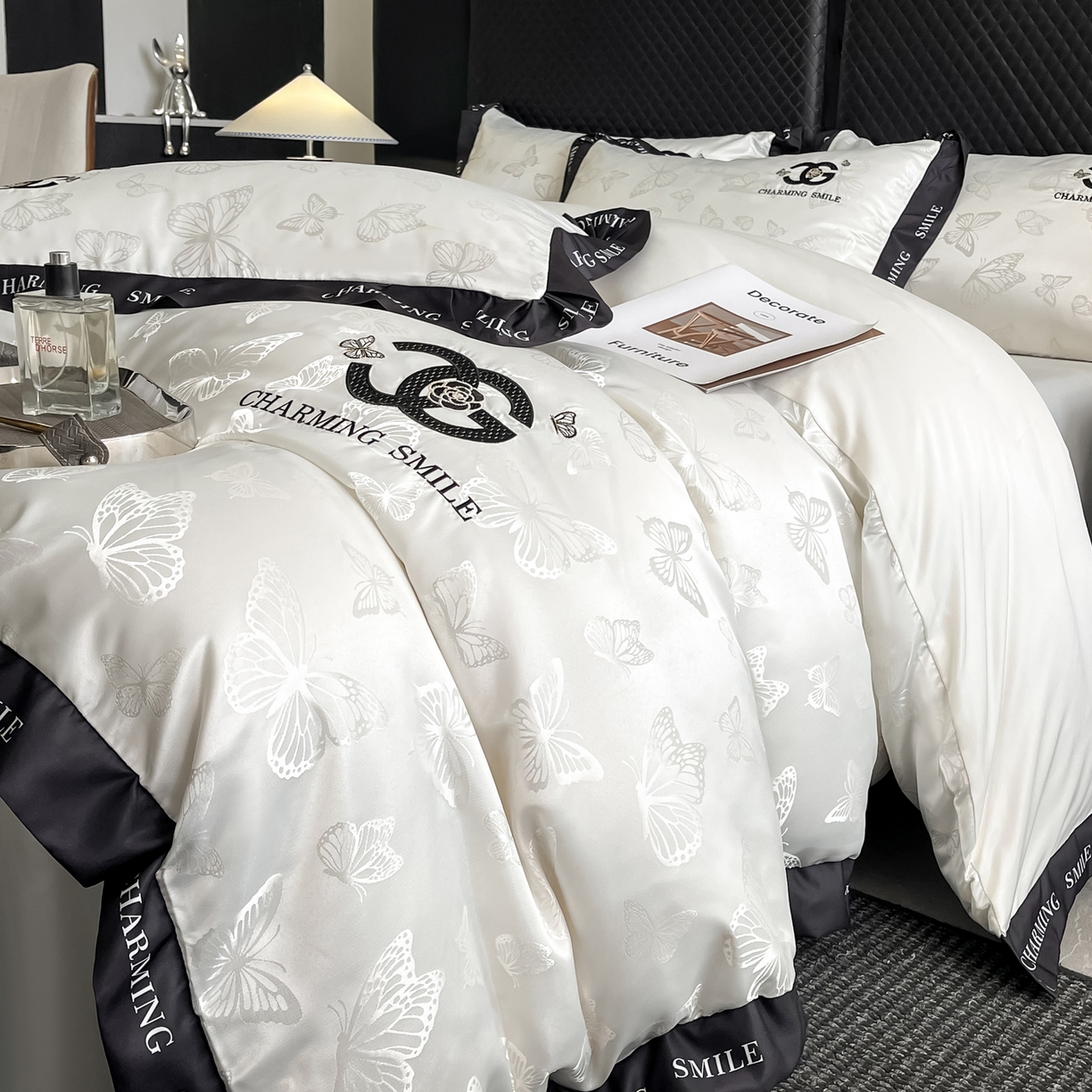 91家纺网 家纺一手货源 找家纺 澳梵家居 2026新款冰丝提花水洗真丝四件套-蝶梦系列 蝶梦-珍珠白