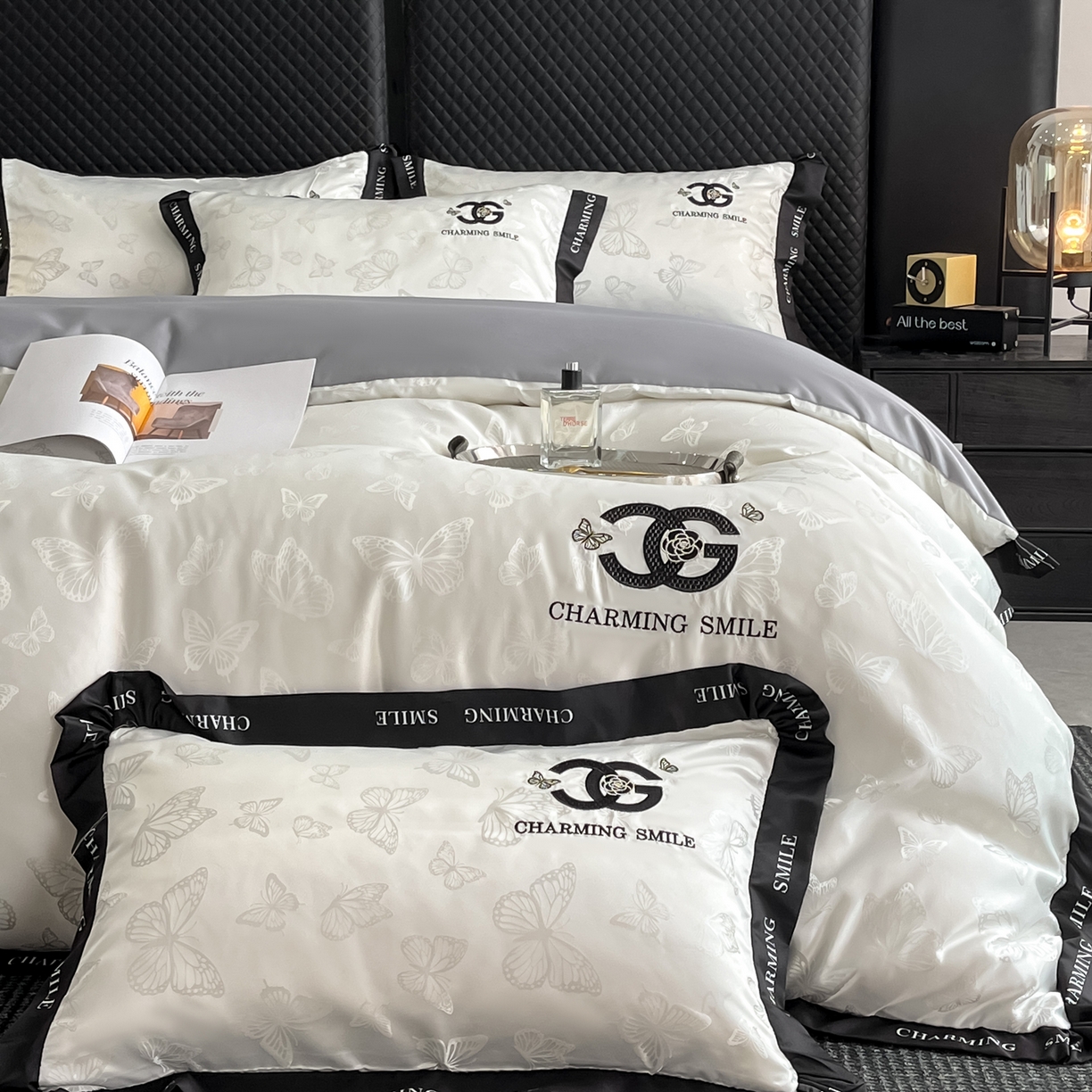 91家纺网 家纺一手货源 找家纺 澳梵家居 2026新款冰丝提花水洗真丝四件套-蝶梦系列 蝶梦-白灰