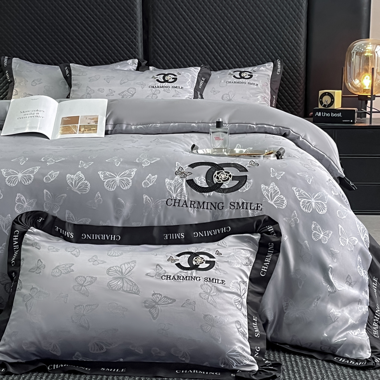 91家纺网 家纺一手货源 找家纺 澳梵家居 2026新款冰丝提花水洗真丝四件套-蝶梦系列 蝶梦-银灰