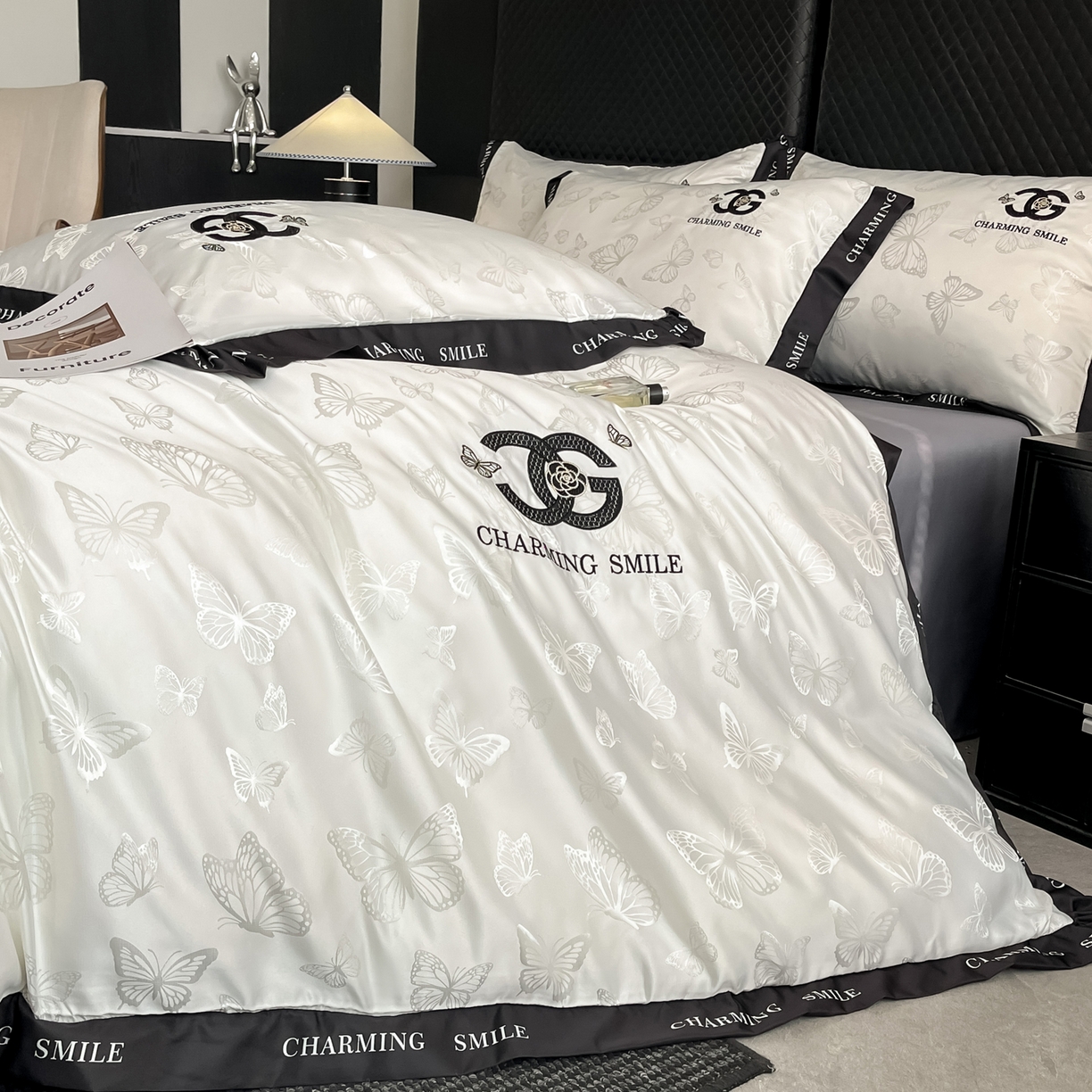 91家纺网 家纺一手货源 找家纺 澳梵家居 2026新款冰丝提花水洗真丝四件套-蝶梦系列 蝶梦-白灰