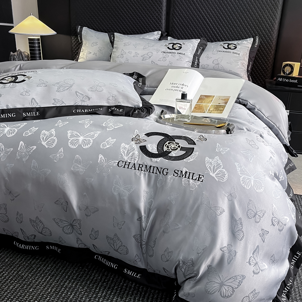 91家纺网 家纺一手货源 找家纺 澳梵家居 2026新款冰丝提花水洗真丝四件套-蝶梦系列 蝶梦-银灰