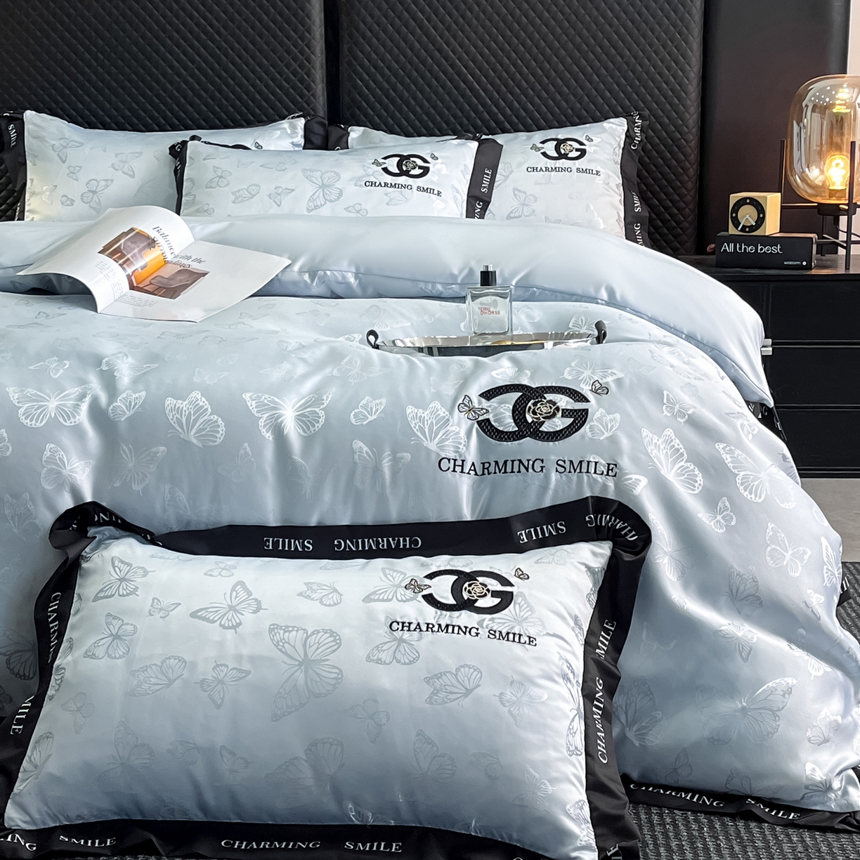 91家纺网 家纺一手货源 找家纺 澳梵家居 2026新款冰丝提花水洗真丝四件套-蝶梦系列 蝶梦-梦蓝